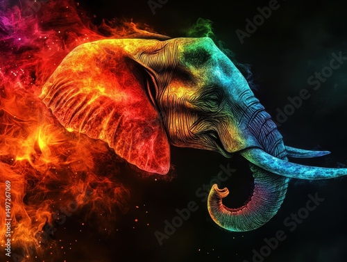 Head Graphic. Abstract Elephant Profile Portrait in Multicolored Flames on Black Background