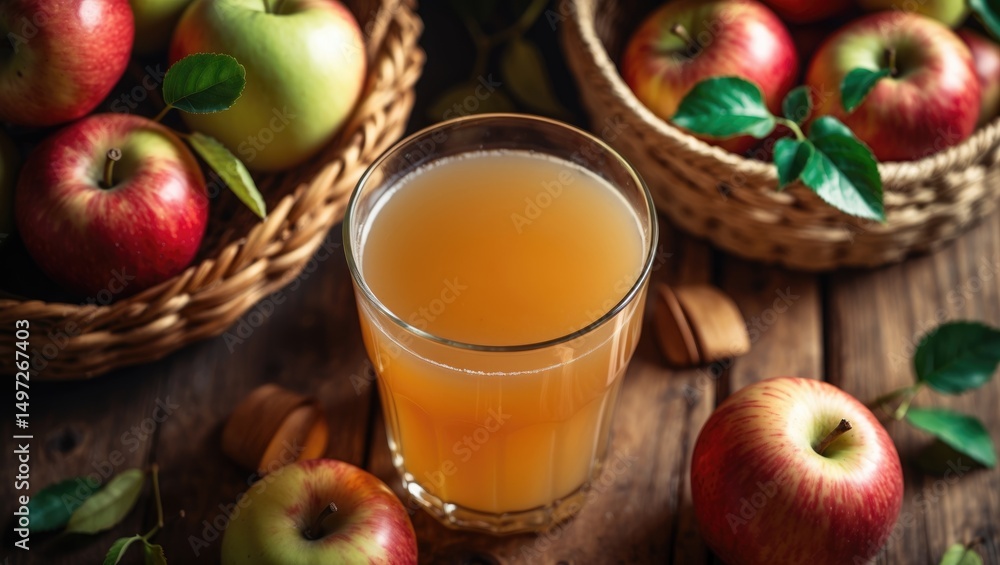 Top View of a Glass Containing Apple Cider or Juice for Autumn Top View of a Glass Containing Apple Cider or Juice for Autumn