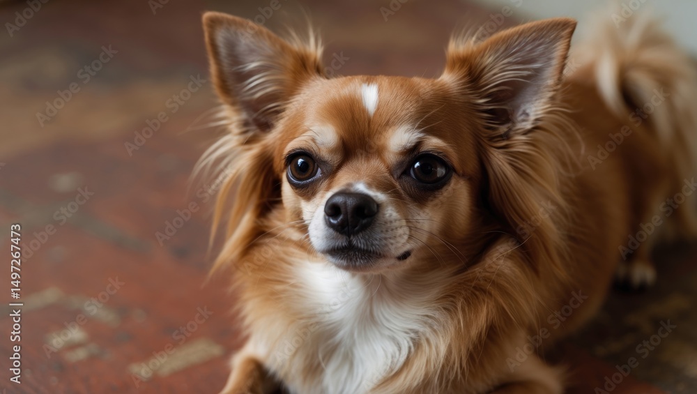 Headshot of a long-haired chihuahua dog on the ground Headshot of a long-haired chihuahua dog on the ground