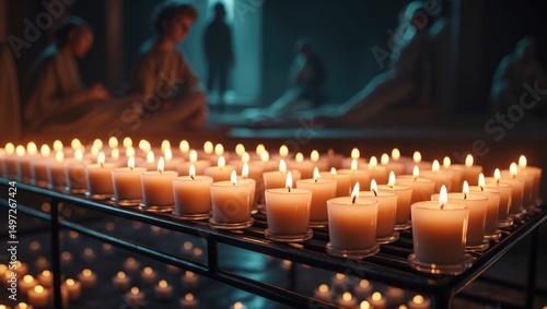 Candles for votive use displayed on a rack in a shadowy area