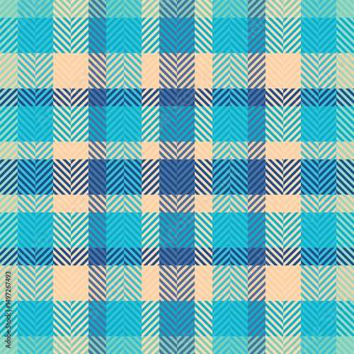 Vibrant herringbone pattern in teal and beige.  Perfect for textile design, website backgrounds, or fashion projects.  A modern, geometric textile texture with a fresh, summery feel.