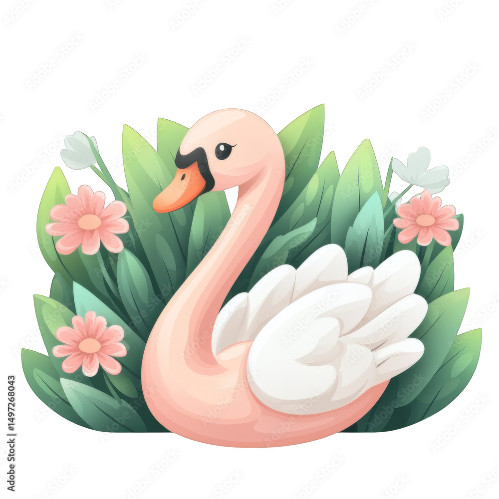 Fototapeta premium Cute illustrated swan surrounded by lush green leaves and pink flowers, creating peaceful and charming nature scene