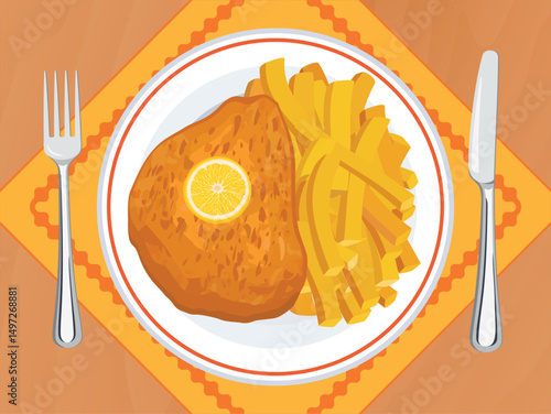 Fried schnitzel and french fries on a plate top view vector illustration. Fried steak with fries on a wooden table above view vector. Chicken cutlet on a plate drawing