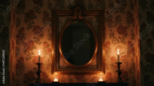 Vintage ornate mirror and candlelit scene with floral wallpaper in dim room