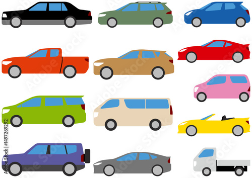 色々なボディタイプの自動車サイドビューシンプルイラストのセット