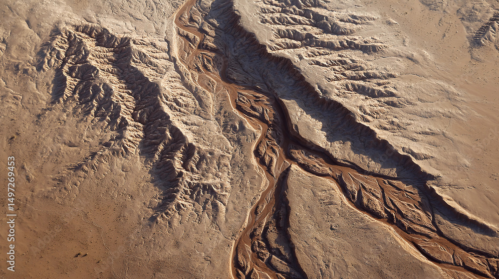 Fototapeta premium Aerial View of Desert Flash Flood Waters Carving Sinuous Channels Through Arid Landscape with Dramatic Erosion Patterns