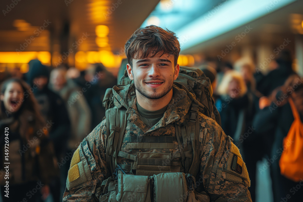 A cheerful soldier walks through the airport gates, wearing military gear and a bright smile. The joyful crowd behind expresses love and excitement at the unexpected reunion A cheerful soldier walks through the airport gates, wearing military gear and a bright smile. The joyful crowd behind expresses love and excitement at the unexpected reunion