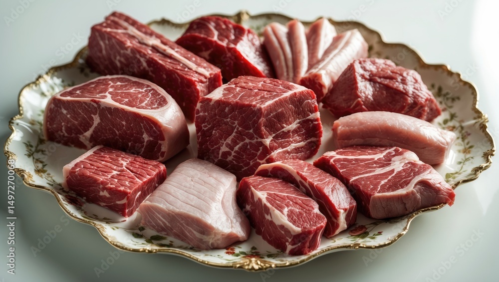 Porcelain platter with fresh raw meat set on a white surface Porcelain platter with fresh raw meat set on a white surface