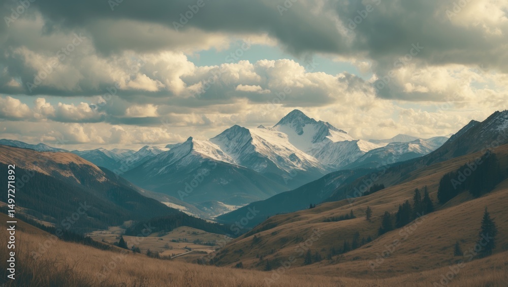 Snow-capped mountains with rolling hills and cloudy sky. Snow-capped mountains with rolling hills and cloudy sky.