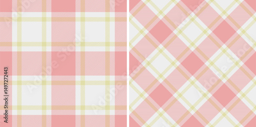 Delightful pastel pink and cream plaid patterns, perfect for textile designs, website backgrounds, or crafting projects.