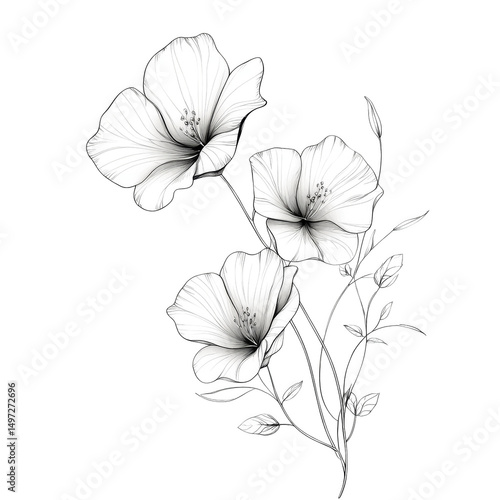 Delicate black and white floral illustration of three blooming flowers with detailed petals and slender stems, evoking