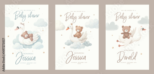 Watercolor baby shower invitation set. Greeting card with sleeping teddy bear on goose, swan among clouds.