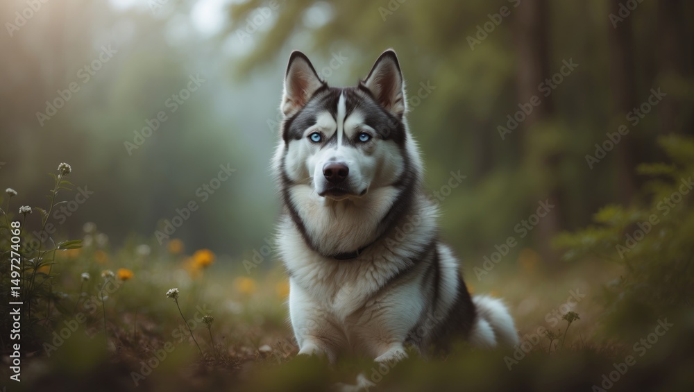 In nature, a Siberian Husky dog breed is seated. In nature, a Siberian Husky dog breed is seated.
