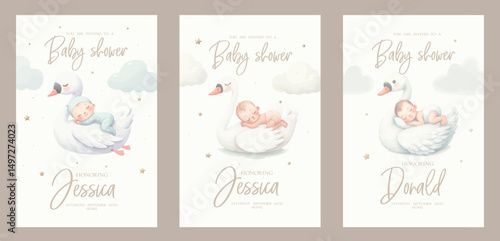 Watercolor baby shower invitation set. Greeting card with sleeping newborn baby on goose, swan among clouds.