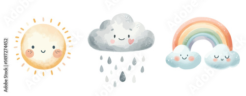 Watercolor New born baby shower elements with happy sun, rainbow, big cloud with rain.