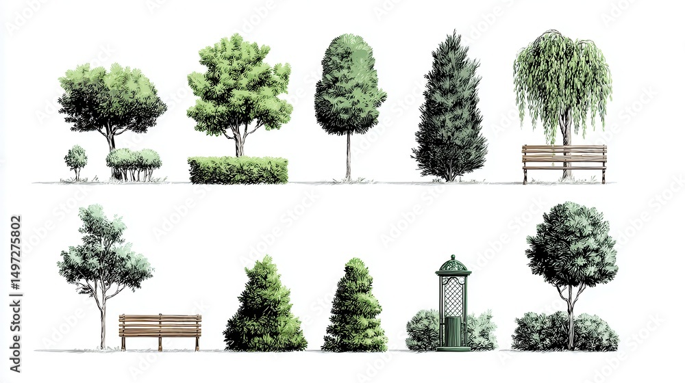 Fototapeta premium A 4K photo of park Design Elements - Trees, Bushes, and Benches on white background.