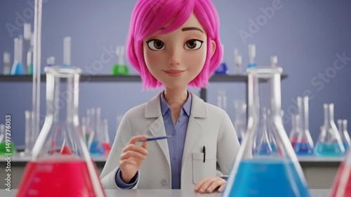 Animated Scientist Working with Beakers and Scientific Equipment in Lab