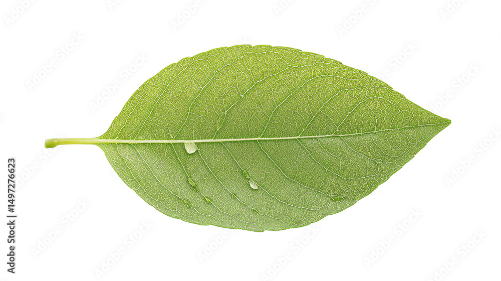 Obraz premium Green leaf with water droplets on a white isolated background.