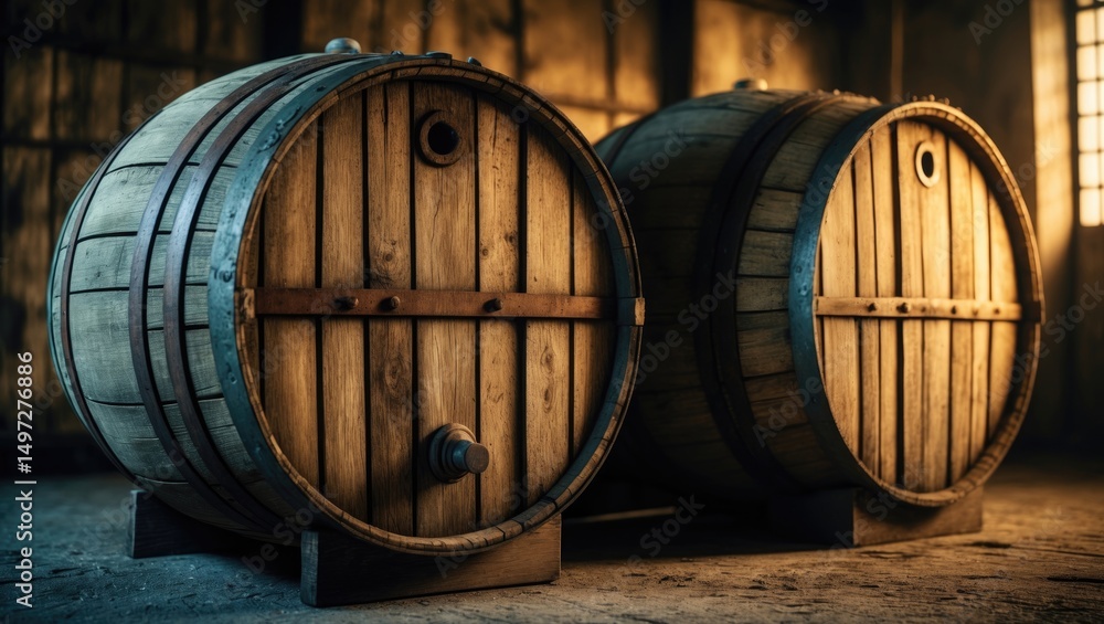 Old wooden casks in a storage facility background Old wooden casks in a storage facility background