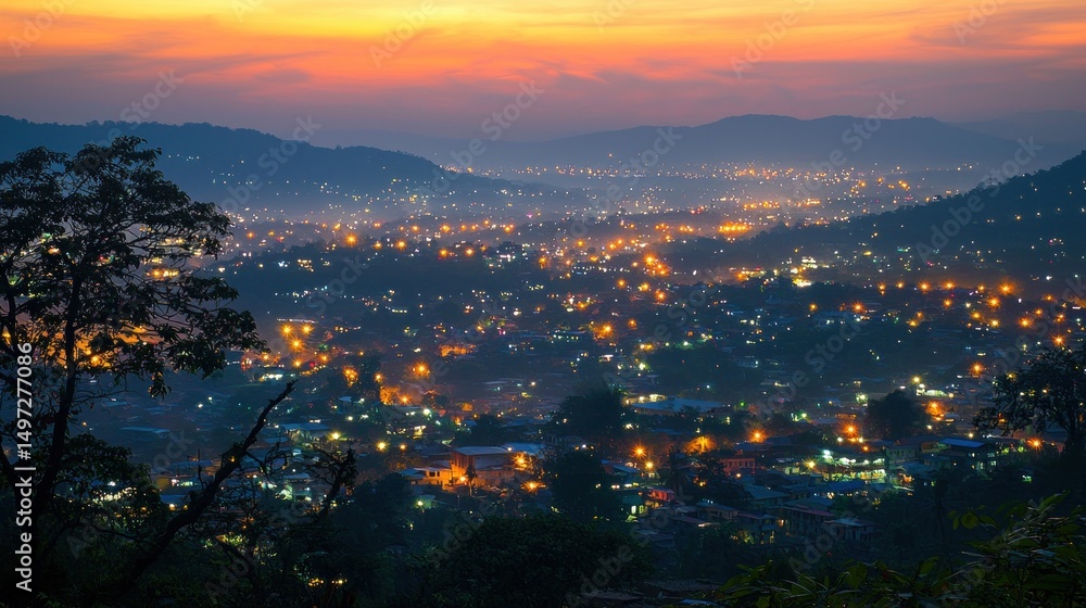 Obraz premium Twilight Cityscape: Hillside Panorama of Illuminated Town at Dusk