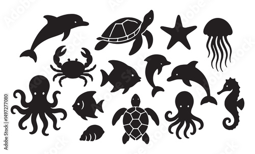 silhouettes of sea creatures, vector set of sea animals