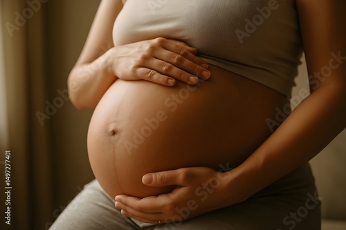 Pregnant woman gently holding her bare belly. Expecting mother, third trimester pregnancy. Pregnant belly. Anticipation of new life. Maternity. Motherhood. Parenthood. Childbirth. Baby