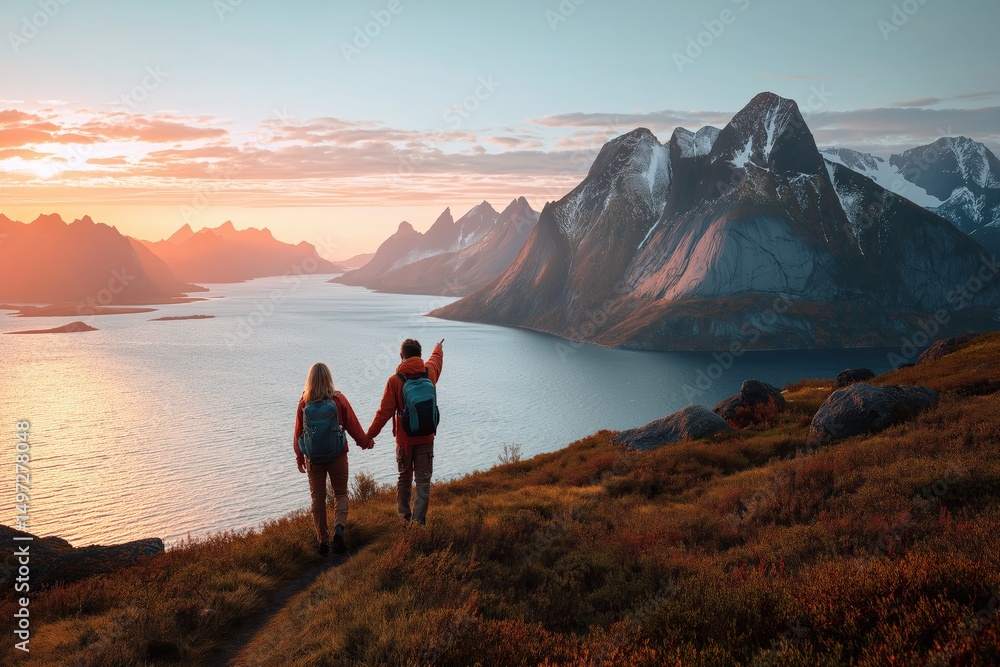 Fototapeta premium Two hikers holding hands, admiring a beautiful sunset over the mountains and fjords of senja island, norway, during an adventure travel