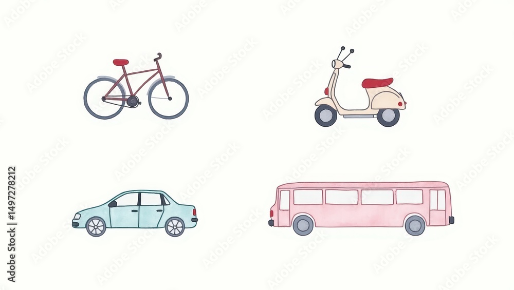 Fototapeta premium Colorful Illustration of Bicycle Scooter Car and Bus Transportation Icons