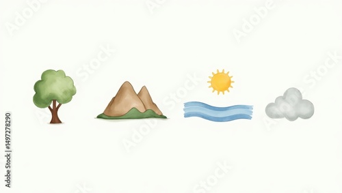 Watercolor Illustration of Nature Elements Tree Mountains Sun River Cloud