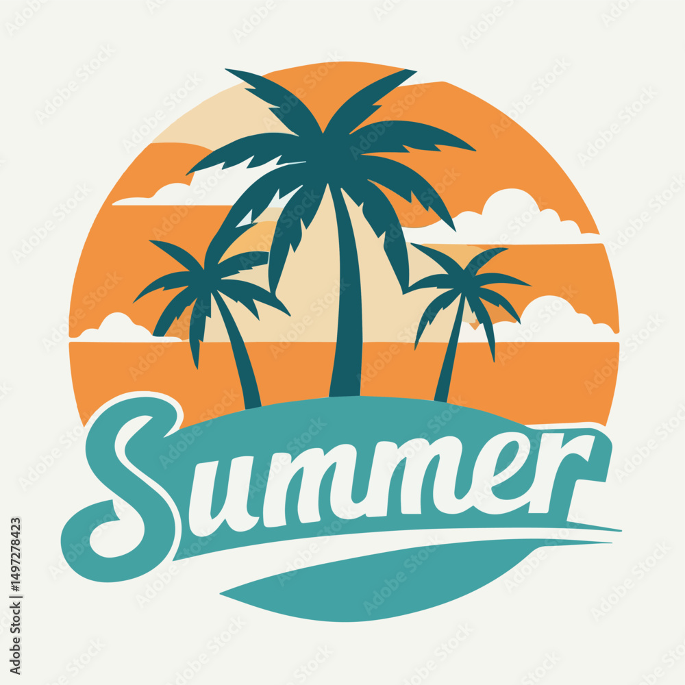 Fototapeta premium Retro Summer Paradise Palm Tree Silhouette with Sunset and Bold Typography