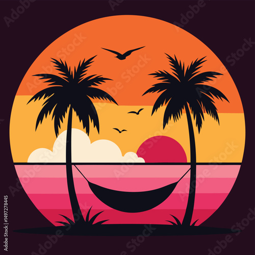 Tropical Sunset Paradise with Hammock and Palm Trees