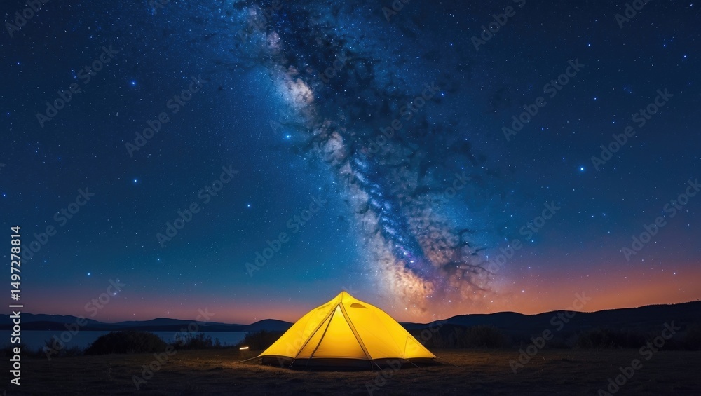Brightly lit tent against a starry dark blue night sky Brightly lit tent against a starry dark blue night sky