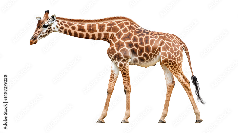 Naklejka premium Standing giraffe, long neck and spotted wildlife, giraffe height standing giant, giraffe majesty high neck wildlife, long neck king giraffe, on a transparent backgrounds