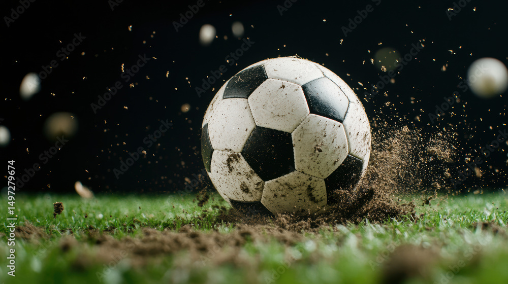 Fototapeta premium Dynamic soccer ball kicking up dirt on green grass field in motion