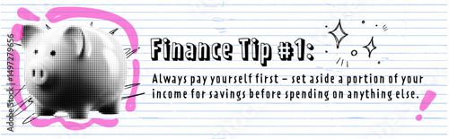 Zine-style vector collage with piggybank and finance tip. Marker lines and halftone texture. Savings advice in trendy doodle aesthetic