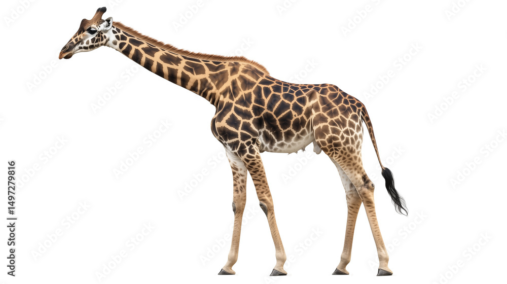 Fototapeta premium Standing giraffe, long neck and spotted wildlife, giraffe height standing giant, giraffe majesty high neck wildlife, long neck king giraffe, on a transparent backgrounds