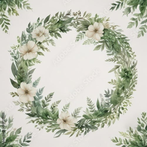 Elegant watercolor floral wreath with lush greenery leaves, delicate brushstrokes ,  invitation card,  greenery,  leaves