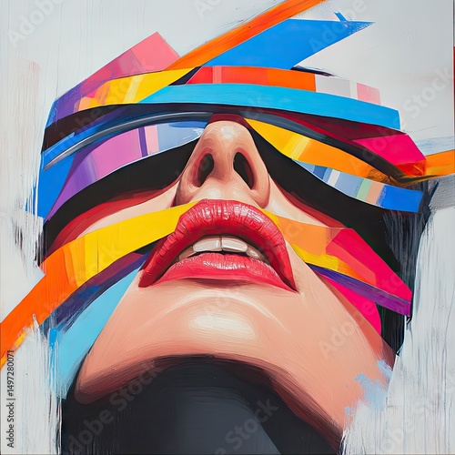 Abstract portrait of a woman's face with vibrant colorful geometric ribbon overlay.