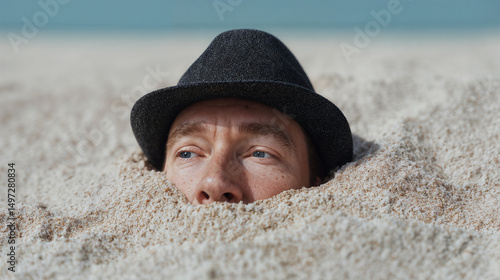 Man in hat buried on the beach in the sand.