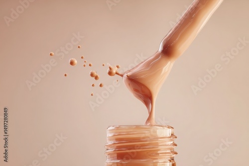 Spilled nail polish in motion, captured mid-drip from brush to bottle, macro close-up, AI Generated