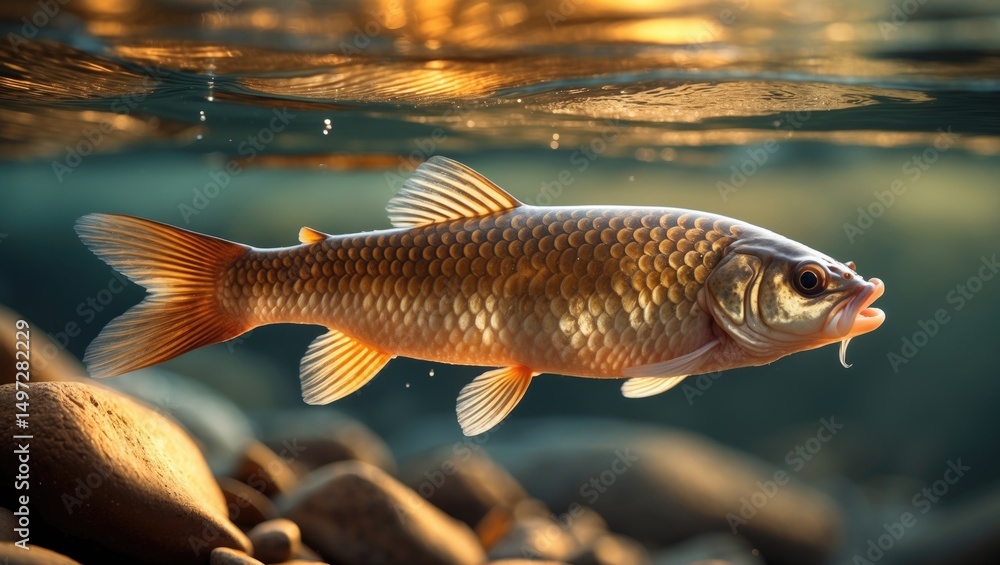 Fototapeta premium The riverbed is home to the Common Barbel, Barbus barbus, as it swims