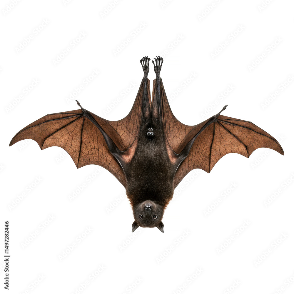 Fototapeta premium A bat with open wings hangs upside down on a white