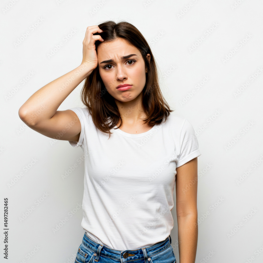Confused Young Woman Scratching Head on a white Confused Young Woman Scratching Head on a white