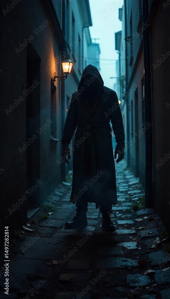 Naklejka premium A shadowy figure, hunched and sinister, lurks in a dark alleyway, embodying malevolence and wickedness Their presence hints at something untrustworthy and morally reprehensible , hidden, wicked