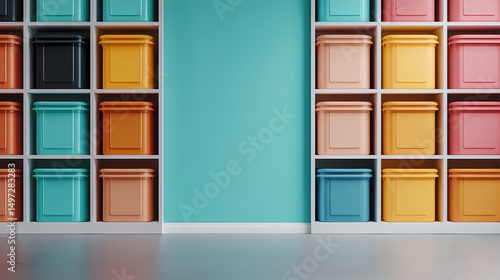 Wallpaper Mural Colorful storage boxes neatly arranged on white shelves against a turquoise wall, creating an organized and modern look. Torontodigital.ca
