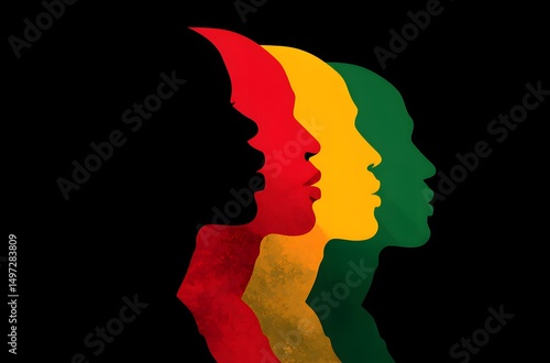 silhouettes shadows of people in Pan-African colors, June 19th juneteenth day, kwanzaa. Red, black, yellow and green colors. Africa Day.