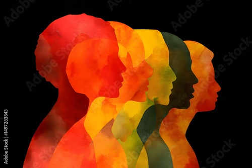 silhouettes shadows of people in Pan-African colors, June 19th juneteenth day, kwanzaa. Red, black, yellow and green colors. Africa Day.