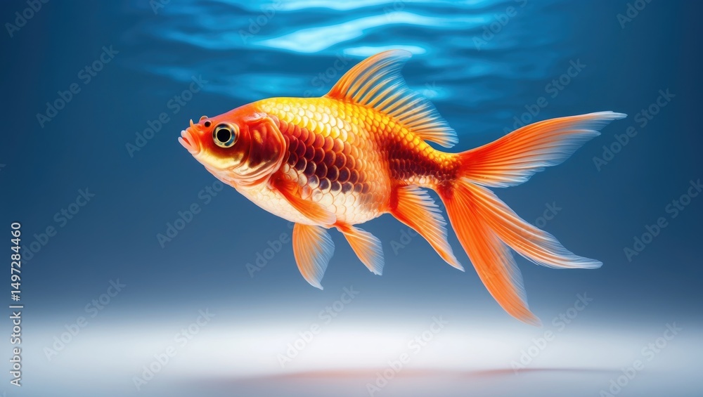 Fototapeta premium A blue gradient background highlighting a goldfish underwater.