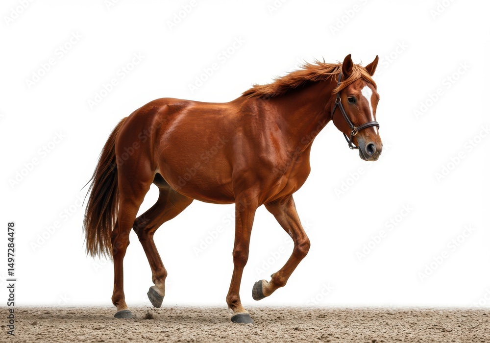 Obraz premium Chestnut horse with a white blaze walking calmly on a neutral colored surface isolated