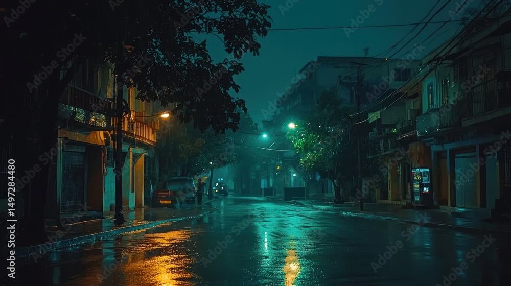 Obraz premium Rainy Night Streetscape: Enchanting Urban Nightscape